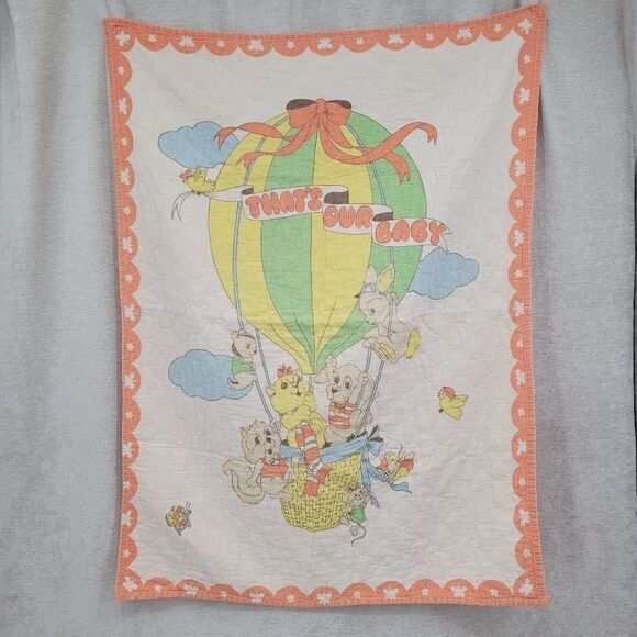 That's Our Baby Vintage Baby Quilt Blanket Hot Air Ballon with Animals 70s - Picture 1 of 9